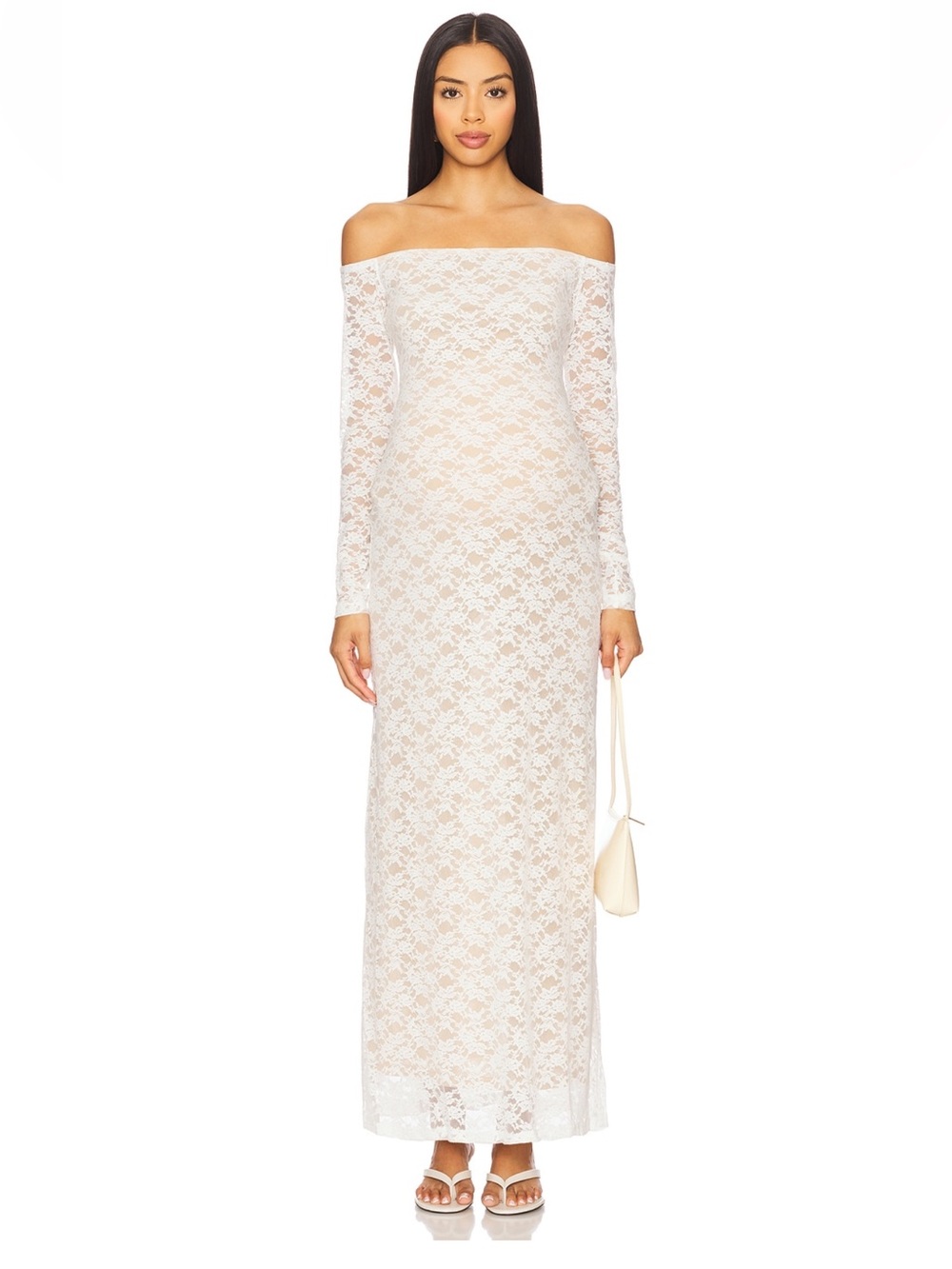 NWT Off-Shoulder Long Sleeve Lace Maxi Dress in Ivory